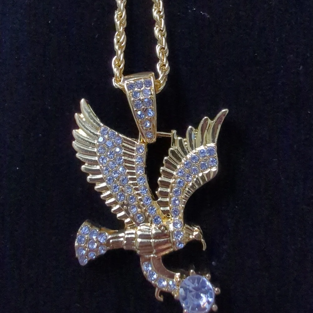 🆕Stainless Steel 18K Gold Plated w/Inlaid Cubic Zirconia Eagle Pendant